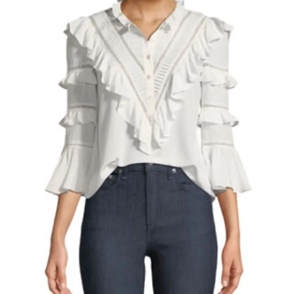 Rebecca Taylor Long-Sleeve Button-Front Silk Lace Top